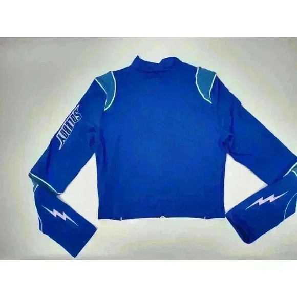 Soleboy Women's Crop Lightening Jacket Blue White Spell Out Sleeve Full Zip - Picture 6 of 7